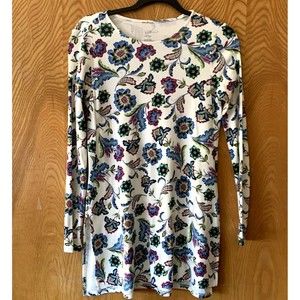 J.Jill Perfect Pima White Floral Size XS Long Sleeve Tunic Top Crew Neck